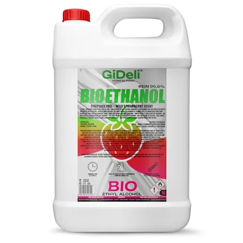 GiDeli bioethanol 5l Walderdbeerduft 96,6% Ethanol für Innen & Außenkamine Rauch und Rußfrei - Aus Mais & Zuckerrüben