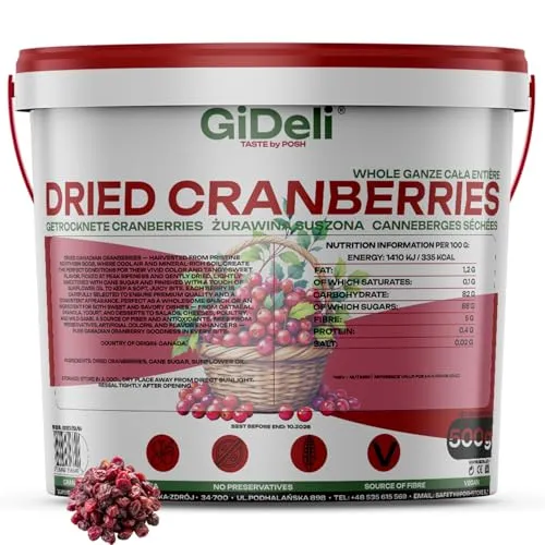 GiDeli cranberry getrocknet 500 g im Eimer – aromatische Trockenfrüchte, Cranberries ideal als Snack, im Müsli, Joghurt oder zum Backen, natürlich fruchtiger Geschmack