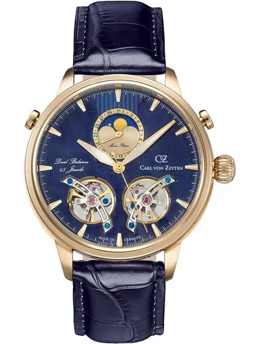 Carl von Zeyten CVZ0060GBLS Durbach Mondphase Automatik Herrenuhr 45mm - Herrenuhren mit Mondphase, 5ATM wasserdicht und edlem Design in Blau und Gold – ideal für stilbewusste Herren.