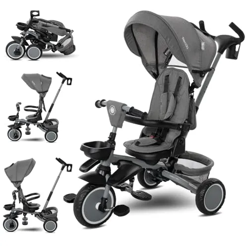 Lorelli Dreirad Freccia ab 1 Jahr mit Schubstange, Sicherheitsgurt, 360 drehbar, Tricycle, Verstellbarer Elterngriff, Freilaufrad Funktion, Getränkehalter, Spielzeugkorb, Grau