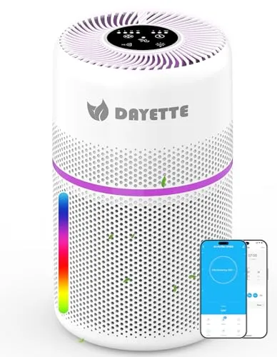 DAYETTE Luftreiniger mit HEPA Filter, Smart App & Alexa Steuerung für Zuhause, 20dB Ultra Leise im Schlafmodus, entfernt Tierhaare Pollen Staub Gerüche, 7-Farben Nachtlicht