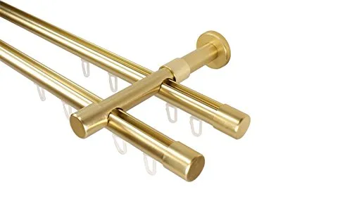 iso-design Innenlauf Gardinenstangen 2-läufig Farbe Messing matt, 20 mm Durchmesser, Wandmontage, Gardinenstangenkomplettset aus Metall mit Wandhaltern und Endstücken Kappe, 600 cm (3 x 200 cm)