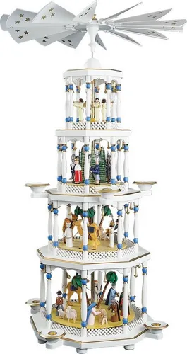 Richard Glaesser Weihnachtspyramide Pyramide Christi Geburt weiß 4-stöckig, Höhe 94 cm, Handwerkskunst original Erzgebirge