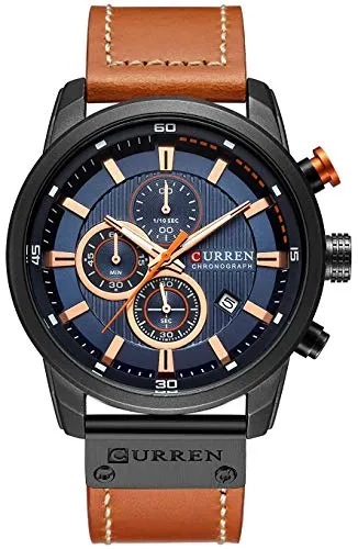Herren-Armbanduhr mit Lederband, klassisch, lässig, Edelstahl, wasserdicht, Chronograph, Datum, analog, Quarzuhr (Schwarz-Blau), schwarz blau, Sportlich