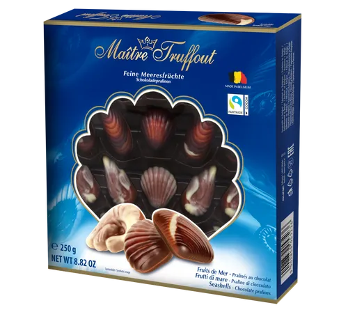 Maitre Truffout Pralinen Meeresfrüchte 250g - Exquisite Pralinen in Meeresfrüchte-Form, ideal für besondere Anlässe oder als Geschenk. Vollmilchschokolade mit Haselnussgeschmack, perfekt für Schokoladenliebhaber.