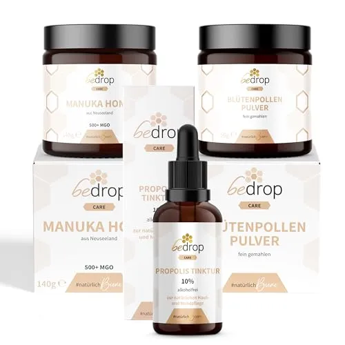bedrop | Bee’s Kindheitsset | Blütenpollenpulver, Propolis Tinktur alkoholfrei 10% und Manuka Honig MGO 500