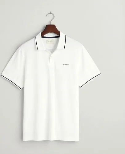 Gant Herren Tipping SS Pique Rugger - Weiß, Größe 56 - Poloshirt für Herren mit normaler Passform, Flachstrickkragen und stylishen Randstreifen an Ärmelenden und Kragen für einen sportlichen Look.