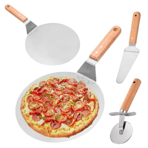 Schieber Edelstahl in Lebensmittelqualität mit14 cm Holzgriff, LEKEFETO Pizzaschieber mit Pizzaschneider und Kuchenschneider Pizza Zubehör