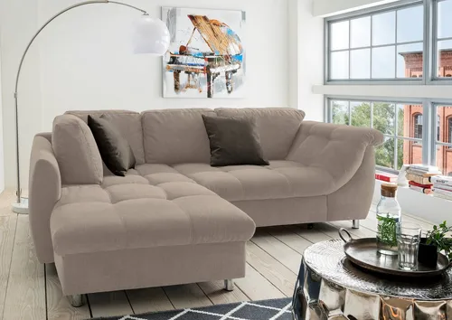 luma-home Ecksofa 17010 mit Bettkasten und Schlaffunktion, 250x190 cm, Ottomane links - Modernes Ecksofa mit Bettkasten und Schlaffunktion, ideal für Gästeübernachtungen. Hochwertige Wellenunterfederung sorgt für besten Sitzkomfort. Zeitloses Design mit attraktiven Zierkissen.