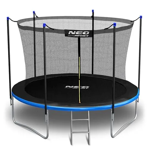 Neo-Sport Gartentrampolin 312 cm mit Sicherheitsnetz - Trampolin für Kinder mit 150 kg max. Belastung, wetterfest und rostfrei. Ideal für den ganzjährigen Einsatz im Garten, inklusive gepolsterter Stangen und zweistufiger Leiter.