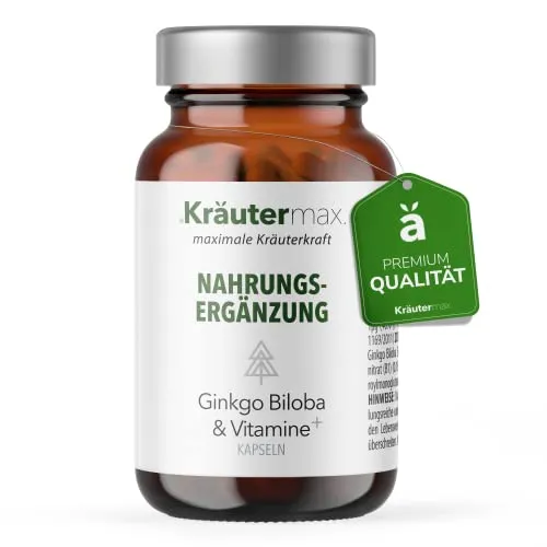 Kräutermax. Ginkgo Kapseln | Ginkgo Biloba Extrakt mit Vitamin C, B1, B2, B6, B12 & Folsäure Originalrezeptur | In Kleinserie produziert | Ginkgo Extrakt | 1 x 60 Stück
