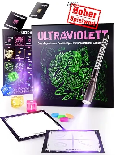Ultraviolett – Das abgefahrene Zeichenspiel mit unsichtbarer Tinte - Gesellschaftsspiel für 3-4 Spieler ab 12 Jahren, fördert Humor und Kreativität durch ein einzigartiges Spielprinzip mit UV-Licht und unsichtbarer Zaubertinte.