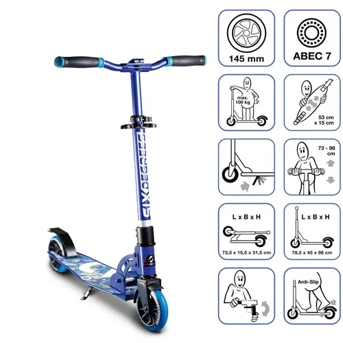 SIX DEGREES Aluminium Scooter Junior 145 mm blau - Roller / Kickboards – Robuster Aluminium Scooter für Kinder ab 6 Jahren, leicht und wendig, ideal für Spiel und Spaß im Freien.
