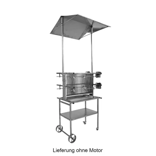 Schneider Vertikalgrill mit Dach Edelstahl 4-fach 70cm - Holzkohlegrill mit Dach, ideal für jedes Wetter! Grillkapazität für bis zu 12 Hähnchen oder 32 Pfund Rollbraten, robust aus Edelstahl und mobil dank Fahrrollen.
