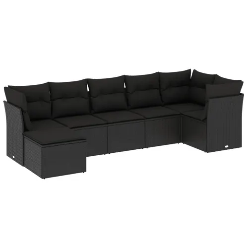 vidaXL 7-tlg. Garten-Sofagarnitur mit Kissen in Schwarz - Gartenmöbel aus langlebigem Poly Rattan, ideal für entspannte Stunden im Freien. Bequeme, abnehmbare Kissenbezüge für einfache Pflege und individuelles, flexibles Design.