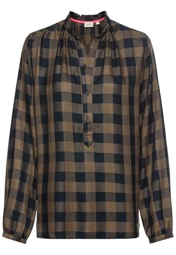 camel active Damen Regular Fit Karobluse aus Viskose Schwarz-Khaki - Blusen & Tuniken für Damen, besonders atmungsaktiv durch reine Viskose und mit stylishen Rüschen am Stehkragen.