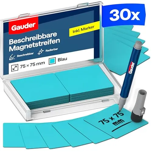 GAUDER Magnetetiketten beschreibbar - Wiederverwendbare Magnetschilder zum Beschriften für Whiteboard, Tafel, Kanban-Board und Kühlschrank - Magnetkarten mit Marker (30 Stück - 75 x 75 mm)