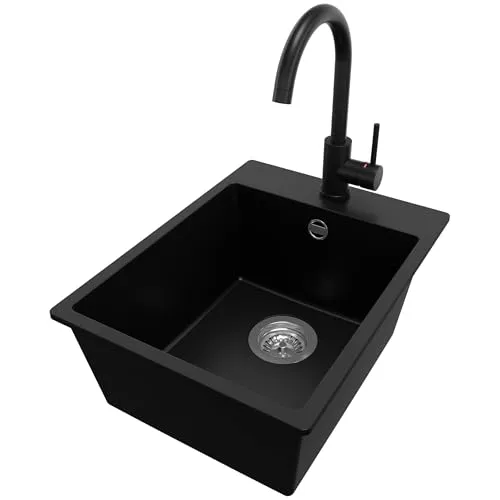 PRIMAGRAN Granitspüle Schwarz 38x50cm, Spülbecken 1 Becken + Küchenarmatur 32x20cm + Ablauf-Set, Küchenspüle ab 40er Unterschrank - Riga S009