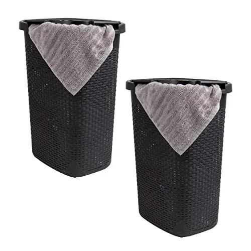Mind Reader Basket Collection, schmaler Wäschekorb, 60 Liter Fassungsvermögen, ausgeschnittene Griffe, befestigter Klappdeckel, belüftet, 2er-Set, schwarz