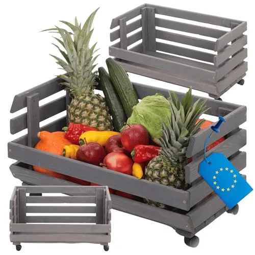 MODO24 Modular Holzregal für Gemüse & Obst auf Rollen, Stapelbares Regalsystem aus Kiefernholz, 1 Holzkiste, Kartoffelsteige, Küchenregal, Vorratsregal, Gemüseregal, Abm. 30x57x30 cm, Fargbe: Grau