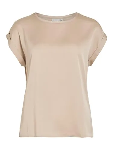 Vila VIELLETTE S/S Satin TOP/SU - NOOS - T-Shirt für Damen mit überschnittenen Schultern, Rundhalsausschnitt und aus recyceltem Polyester, das natürliche Ressourcen schont und Abfall reduziert.