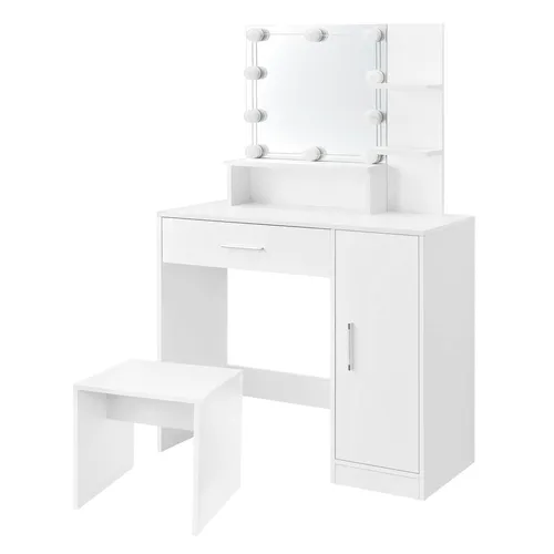 ML-DESIGN Schminktisch mit LED Spiegel und Hocker - Schminktisch aus MDF Holz in Weiß mit großem beleuchtetem Spiegel und komfortablem Hocker, ideal für perfekte Make-up-Routinen und stilvolle Einrichtung.