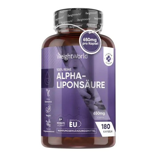 WeightWorld Reine Alpha Liponsäure 650mg - 180 vegane Kapseln - Nahrungsergänzungsmittel zur Unterstützung des allgemeinen Wohlbefindens, glutenfrei und ohne Gentechnik, ideal für Veganer.