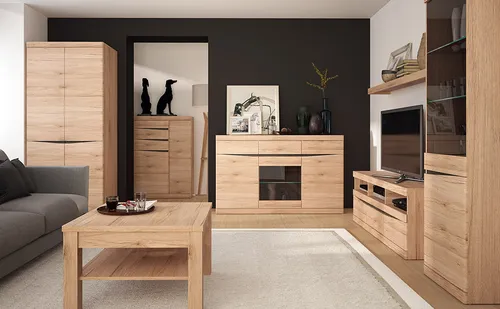 Lomadox Wohnzimmer-Set SANFORD-129, 7-teilig in San Remo Eiche hell - Stilvolles 7-teiliges Wohnzimmer-Set mit grifflosen Oberflächen, ideal für modernes Wohnen. Selbstmontage inklusive deutscher Anleitung. Bringt Eleganz und Funktionalität in Ihr Zuhause.
