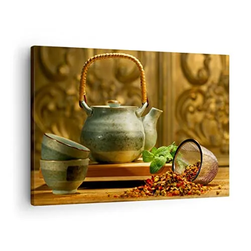 Bilder auf Leinwand Tee Kräuter Tassen Tradition Leinwandbild 70x50cm Wandbilder Dekoration Wohnzimmer Schlafzimmer Küche Deko Klein Wanddeko Bild Wand Kunstdruck Art Wall Decor Canvas AA70x50-2628