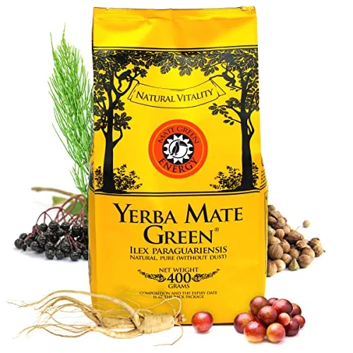 Yerba Mate Green 'Energy' Brasilianischer Mate-Tee 400g | Leicht Süß und Sauer Mate Tee | mit Sibirische Ginsengwurzel, Holunderfrüchte, Feldschachtelhalm, grüner Tee Gunpowder