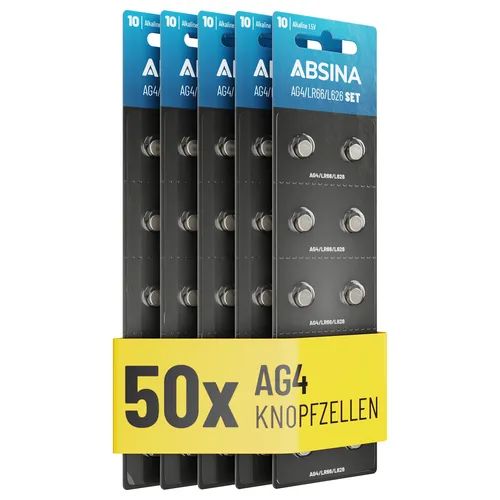 ABSINA AG4 LR66 Knopfzelle 5x 10er Pack - 1,5V Alkaline Knopfzellen