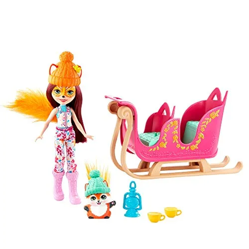 Enchantimals GJX31 - Schlittenfreunde Set mit Felicity Fox Puppe (15,24 cm), Tierfigur Flick, Schlitten und Zubehör, tolles Geschenk für Kinder von 3 bis 8 Jahren