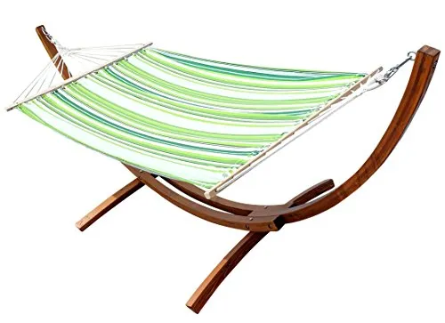 ALEOS. 320cm Hängemattengestell SOSUA Hängematte mit Gestell aus Holz Lärche mit grün gestreifter Stabhängematte