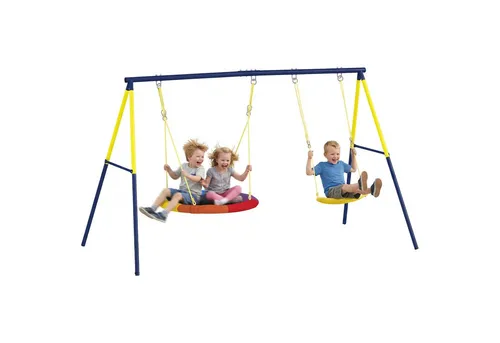 MC Star Doppelschaukel mit Nestschaukel und Gurtschaukel für Kinder - Robustes Schaukelgestell für Kinder von 3-8 Jahren mit stabiler A-Rahmen-Stahlstruktur. Bietet Platz für bis zu drei Kinder und fördert aktives Spiel im Freien. Verstellbare Seile für individuelle Höhenanpassung.