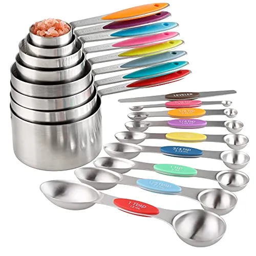 Turewin Messbecher-Set: 8 stapelbare Edelstahl-Messbecher (1 Tasse bis 1/16 Tasse), 8 doppelseitige magnetische Messlöffel (1/16 TL bis 1 EL) mit Nivellierer für trockene und flüssige Zutaten - Silber