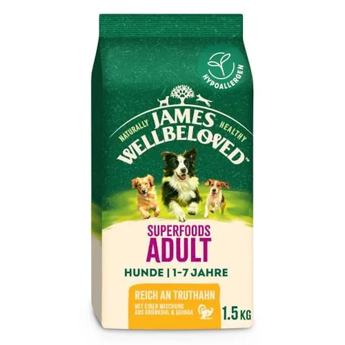 JAMES WELLBELOVED Superfoods 1,5kg Hund Trockenfutter Truthahn mit Einer Mischung aus Grünkohl und Quinoa