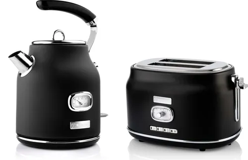Westinghouse Retroline Frühstück-Set Schwarz: Toaster & Wasserkocher - Toaster und Wasserkocher im Retro-Design, mit Überhitzungsschutz und integriertem Kalkfilter für sicheres und effizientes Frühstückserlebnis.