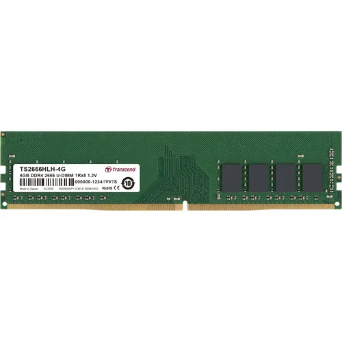 Transcend 4 GB DDR4 2666 U-DIMM - Arbeitsspeicher mit 4 GB Kapazität, ideal für leistungsstarke Systeme. Ungepuffert und energieeffizient mit einer Geschwindigkeit von 2666 MHz für schnelle Datenverarbeitung.