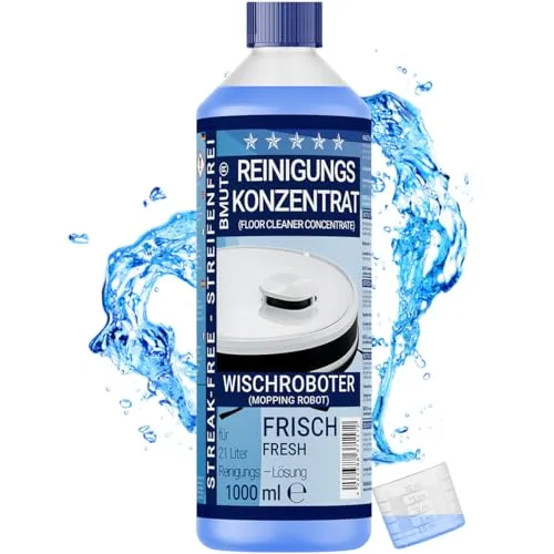 1000ml Wischroboter Reinigungsmittel Konzentrat - streifenfrei & schaumarm - Bodenreiniger für alle wasserbeständigen Böden, mit extra frischem Duft und ergiebigem Konzentrat für bis zu 21 Liter Reinigungslösung.