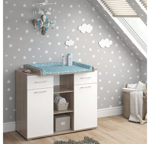 Vicco Wickelkommode Leonie - Wickeltisch mit pflegeleichter Melaminharzoberfläche, ideal für rückenschonendes Wickeln und mit 3 offenen Ablagefächern für praktischen Stauraum.