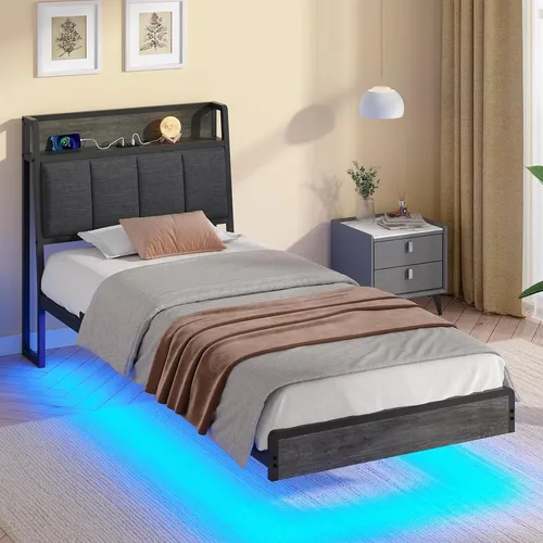 KIMENICH Polsterbett 90 x 200cm mit USB und LED-Beleuchtung, Dunkelgrau