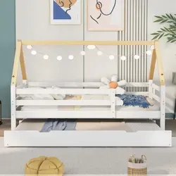 Hausbett mit Gästebett für Kinder, 90x200 cm - Weiß - Stabiles Hausbett aus Kiefer mit rundum Rausfallschutz und integriertem Gästebett, ideal für das Kinderzimmer und Übernachtungsbesuche.