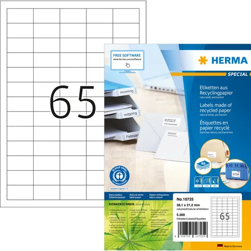 Herma Universaletiketten 10725, Special Recycling, 5200 Stück - Universaletiketten recycling, umweltfreundlich mit Blauer Engel Zertifikat. Perfekt für Dokumente und Produkte, mit optimaler Planlage für reibungslosen Druck.