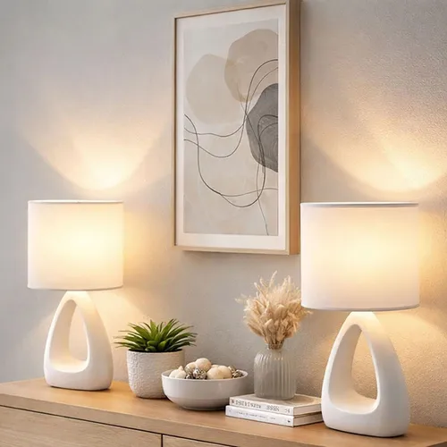 Tischleuchte Keramik weiß 2er Set - Tischleuchten aus Keramik mit elegantem Textilschirm, 17x10x30 cm, ideal für Schlafzimmer und stilvolle Beleuchtung, inklusive praktischem Wippschalter am Kabel.
