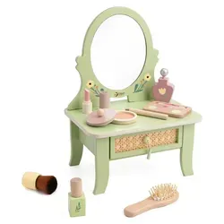 Classic World Schminktisch Vintage mit Zubehör - 24x25,3x15 cm - 3Y+ - Stilvoller Frisiertisch Vintage für kreative Rollenspiele. Mit 14 Teilen, darunter Kosmetikartikel, fördert er die Fantasie und soziale Fähigkeiten von Kindern ab 3 Jahren. Elegantes Design mit ovalem Spiegel und Rattan-Stil Schublade.