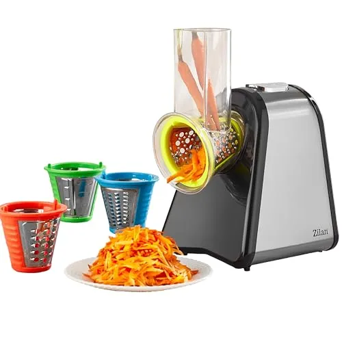 Elektrische Küchenreibe 200 Watt mit 4 Aufsätzen - Multifunktionsreibe für schnelles Raspeln von Gemüse, Obst und Käse. Edelstahl-Trommeln für beste Ergebnisse und einfache Handhabung, ideal für den täglichen Gebrauch.