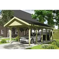 Satteldach-Carport Wallgau 380 x 900 cm - Carport aus imprägniertem Holz, mit 200 kg/m² Schneelast für optimale Stabilität und witterungsbeständigen Dachschindeln – ideal für jedes Wetter.
