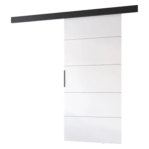 MINIO go for it - Schiebetüren 96 cm, Schiebetür Zimmertür PRIM B, Schiebetürsystem für Zimmer, Dekorative Streifen, Wandmontage, Türe Innen - Silber/Schwarzer Griff, Weiss/Schwarz