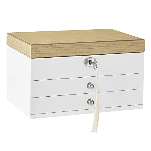 SONGMICS Schmuckkästchen 3 Ebenen - Eleganter Schmuckkasten mit 3 Ebenen, großem Spiegel und abschließbarem Design – ideal für Ringe, Ohrringe und mehr, perfekt als Geschenkidee.