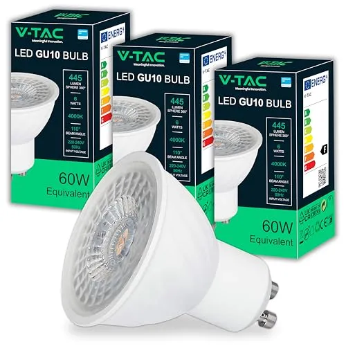 V-TAC 3x LED Glühbirne GU10-6W (entspricht 60W) - 445 Lumen - CHIP SAMSUNG - Maximale Effizienz und Energieeinsparung - GU10 Spot LED Glühlampen - Licht 6500K Kaltweiß - 3er Pack